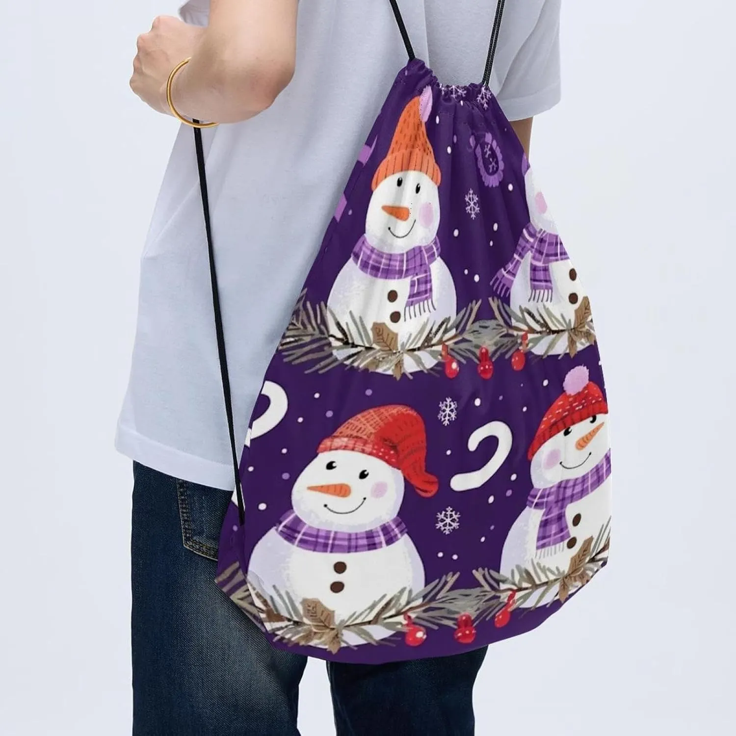 2 Pcs Cute Snowmen have fun in Winter Holidays 3 Drawstring Backpack String Bag Sports Sack pack Gym Sack Side Pocket for Men Women