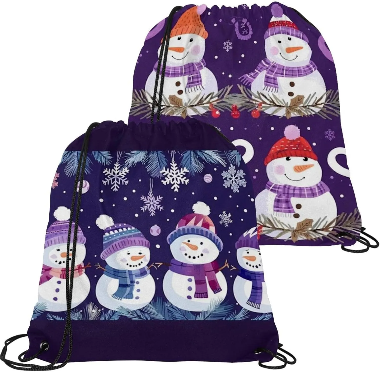 2 Pcs Cute Snowmen have fun in Winter Holidays 3 Drawstring Backpack String Bag Sports Sack pack Gym Sack Side Pocket for Men Women
