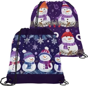 2 Pcs Cute Snowmen have fun in Winter Holidays 3 Drawstring Backpack String Bag Sports Sack pack Gym Sack Side Pocket for Men Women
