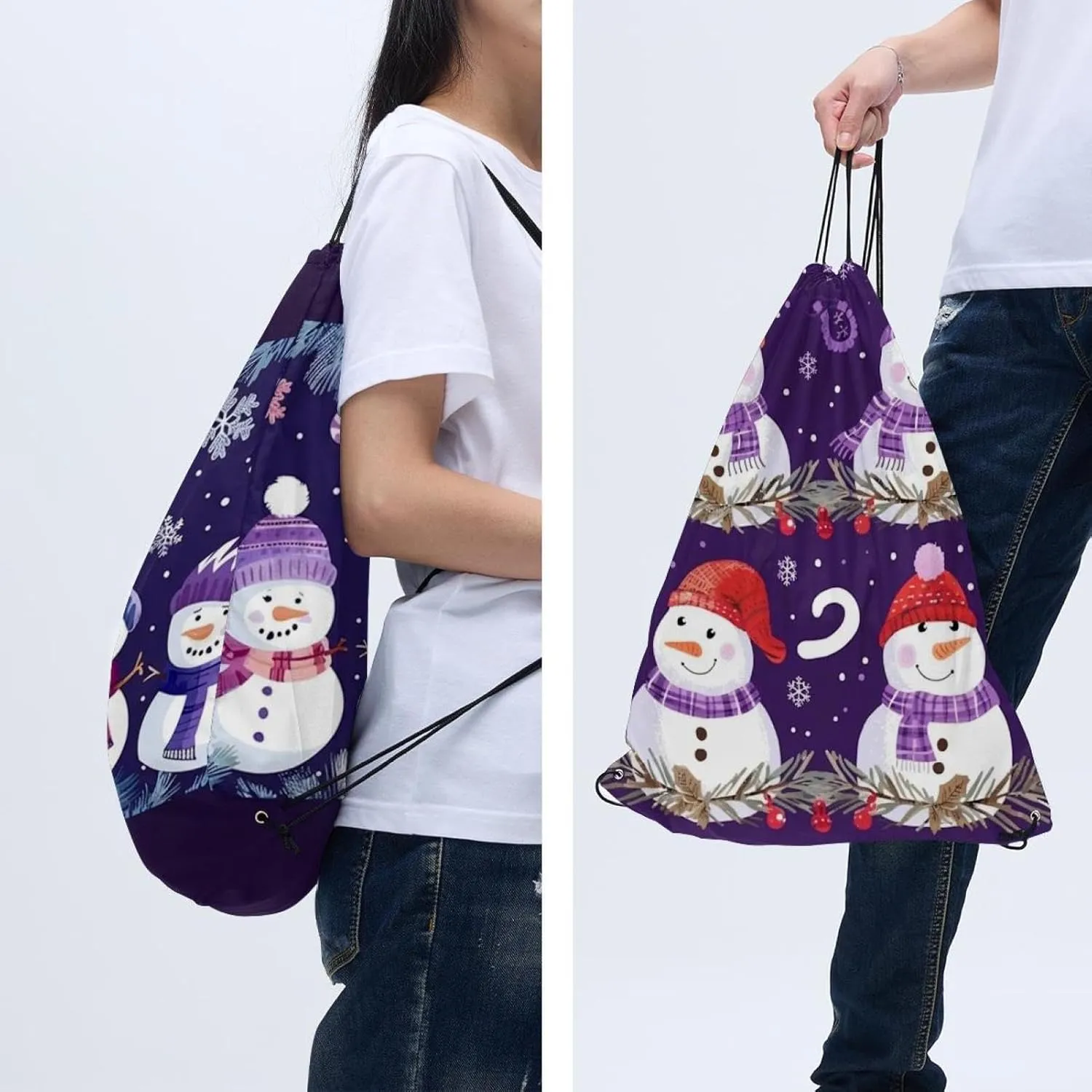 2 Pcs Cute Snowmen have fun in Winter Holidays 3 Drawstring Backpack String Bag Sports Sack pack Gym Sack Side Pocket for Men Women