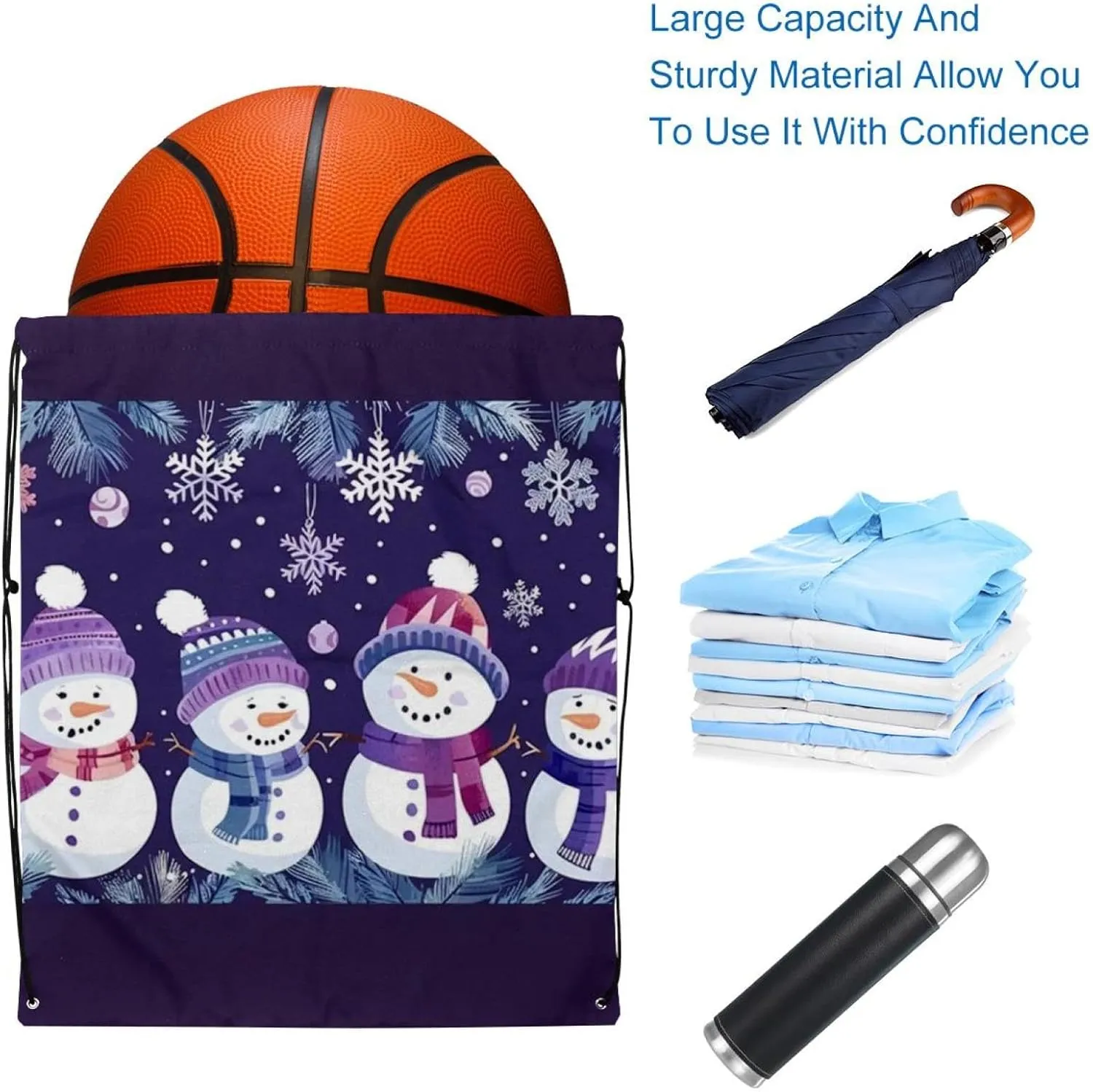 2 Pcs Cute Snowmen have fun in Winter Holidays 3 Drawstring Backpack String Bag Sports Sack pack Gym Sack Side Pocket for Men Women