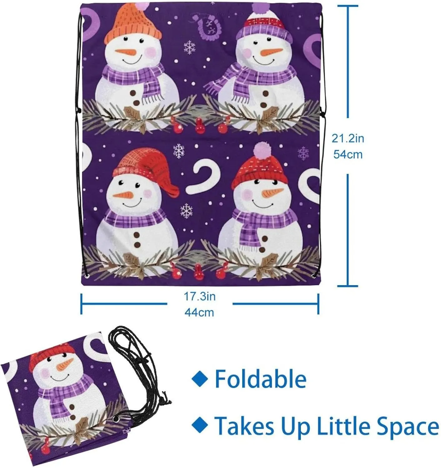 2 Pcs Cute Snowmen have fun in Winter Holidays 3 Drawstring Backpack String Bag Sports Sack pack Gym Sack Side Pocket for Men Women