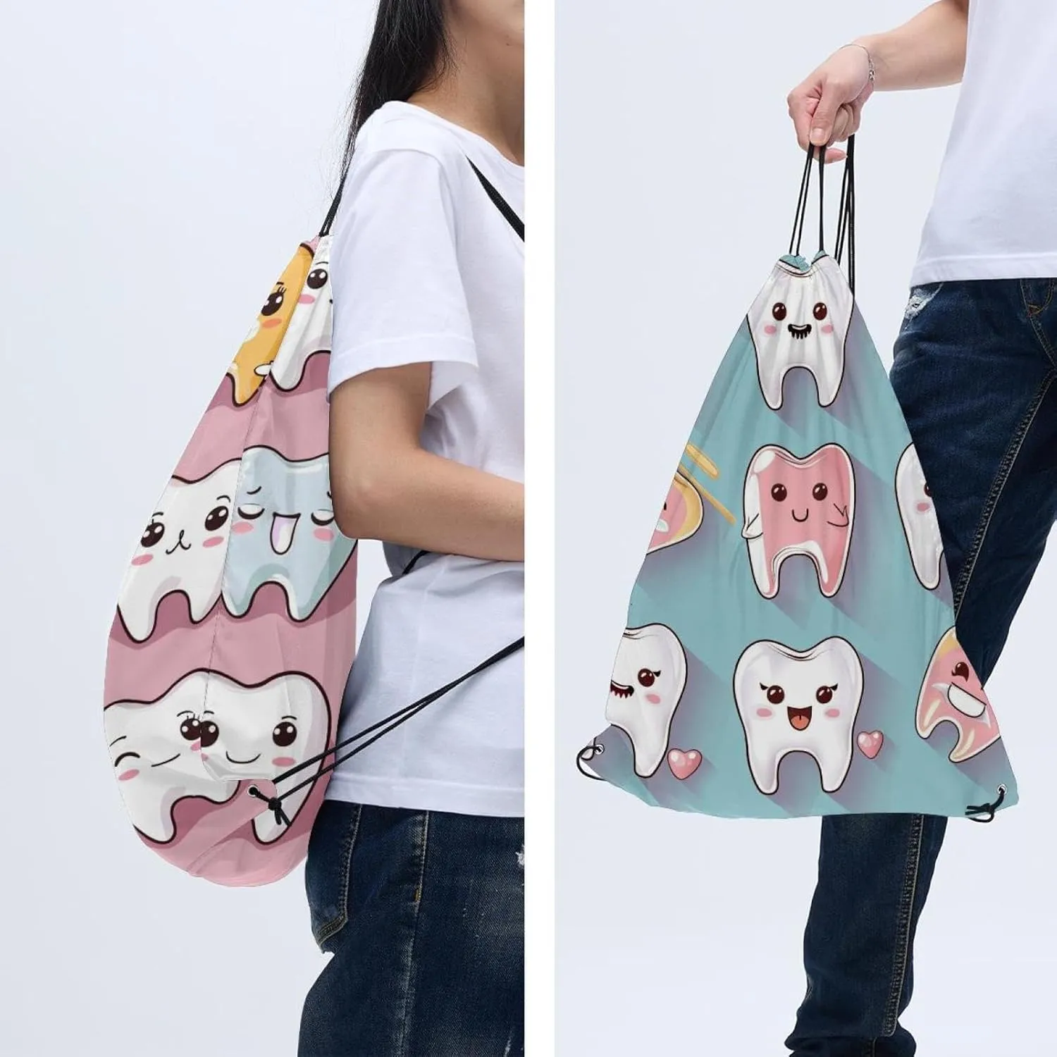 2 Pcs Cute Teeth Drawstring Backpack String Bag Sports Sack pack Gym Sack Side Pocket for Men Women