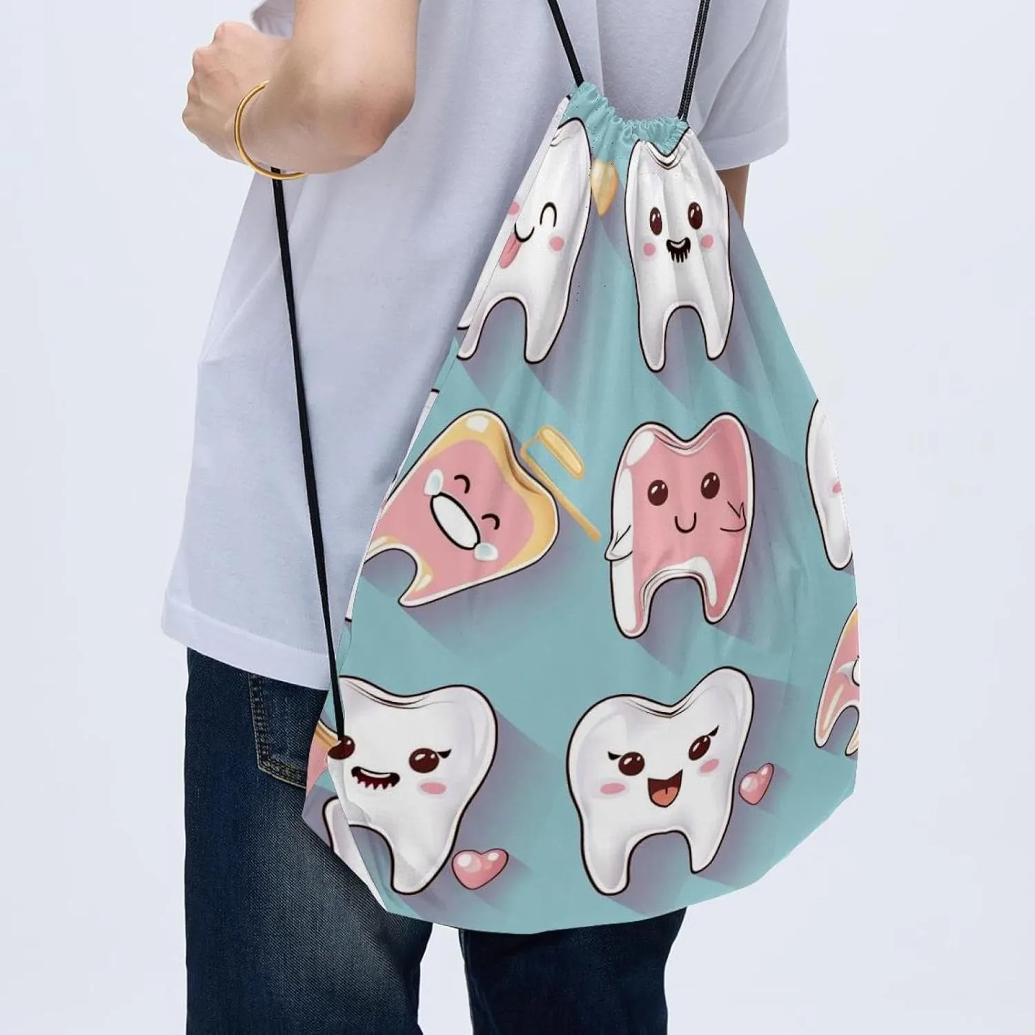 2 Pcs Cute Teeth Drawstring Backpack String Bag Sports Sack pack Gym Sack Side Pocket for Men Women