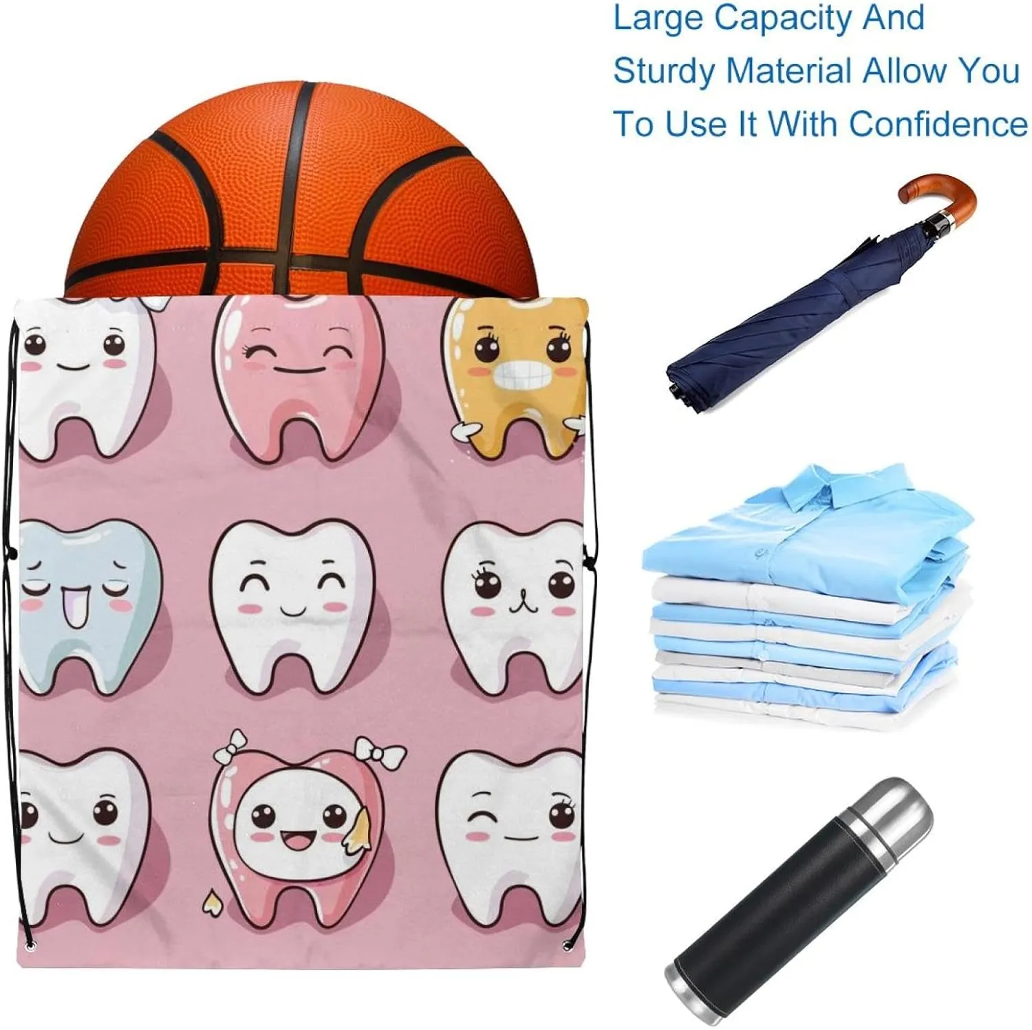 2 Pcs Cute Teeth Drawstring Backpack String Bag Sports Sack pack Gym Sack Side Pocket for Men Women
