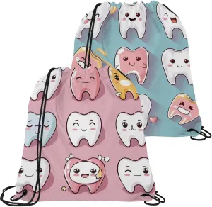 2 Pcs Cute Teeth Drawstring Backpack String Bag Sports Sack pack Gym Sack Side Pocket for Men Women