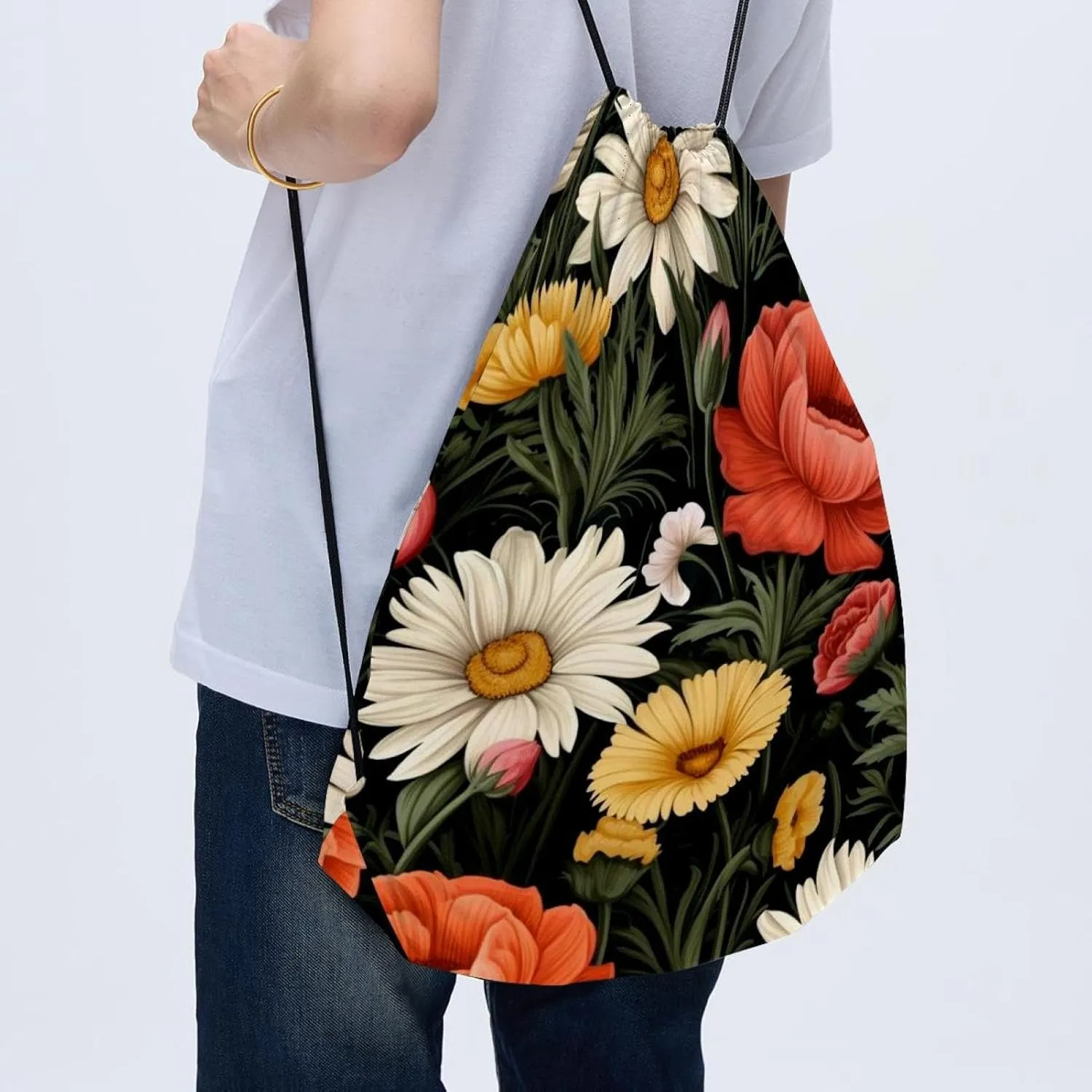 2 Pcs Floral Flower Drawstring Backpack String Bag Sports Sack pack Gym Sack Side Pocket for Men Women