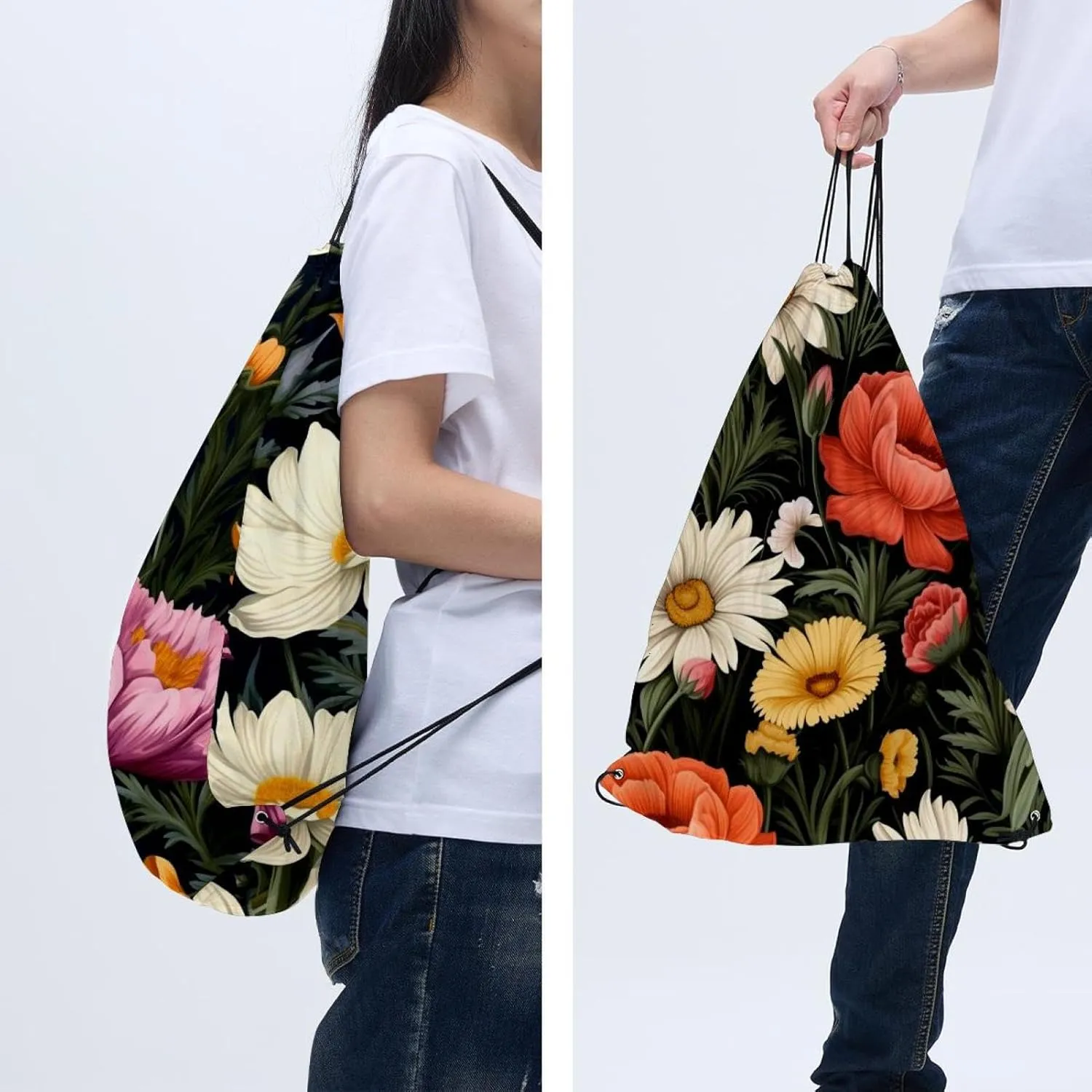 2 Pcs Floral Flower Drawstring Backpack String Bag Sports Sack pack Gym Sack Side Pocket for Men Women