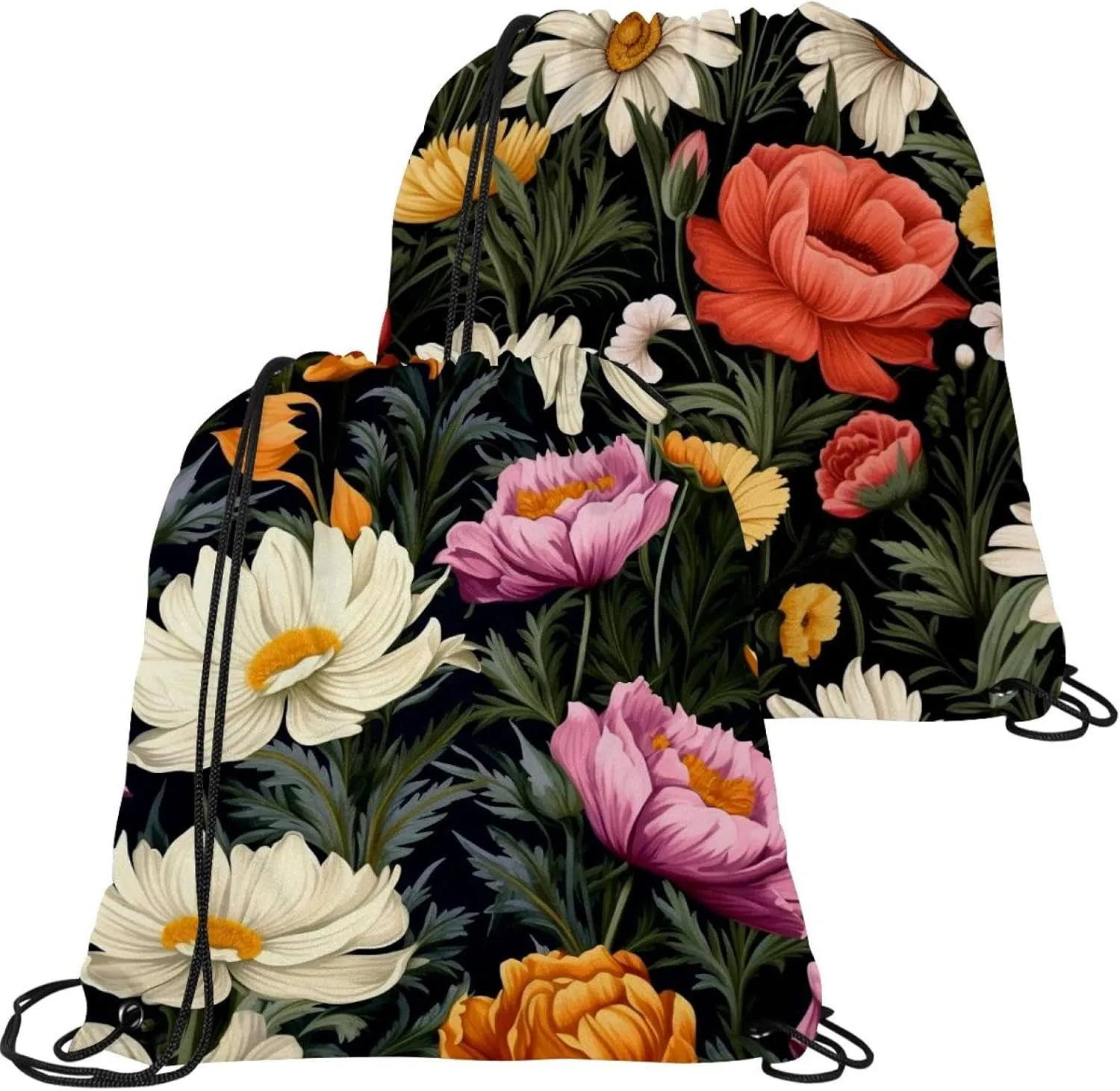 2 Pcs Floral Flower Drawstring Backpack String Bag Sports Sack pack Gym Sack Side Pocket for Men Women
