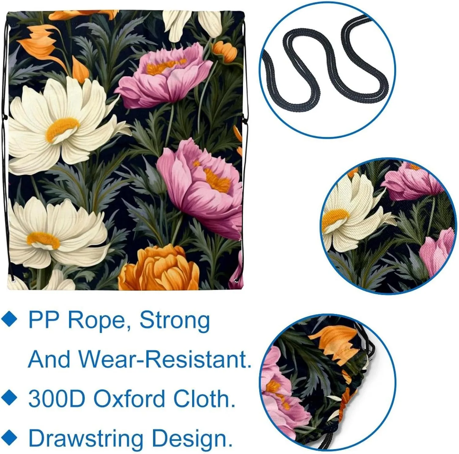 2 Pcs Floral Flower Drawstring Backpack String Bag Sports Sack pack Gym Sack Side Pocket for Men Women