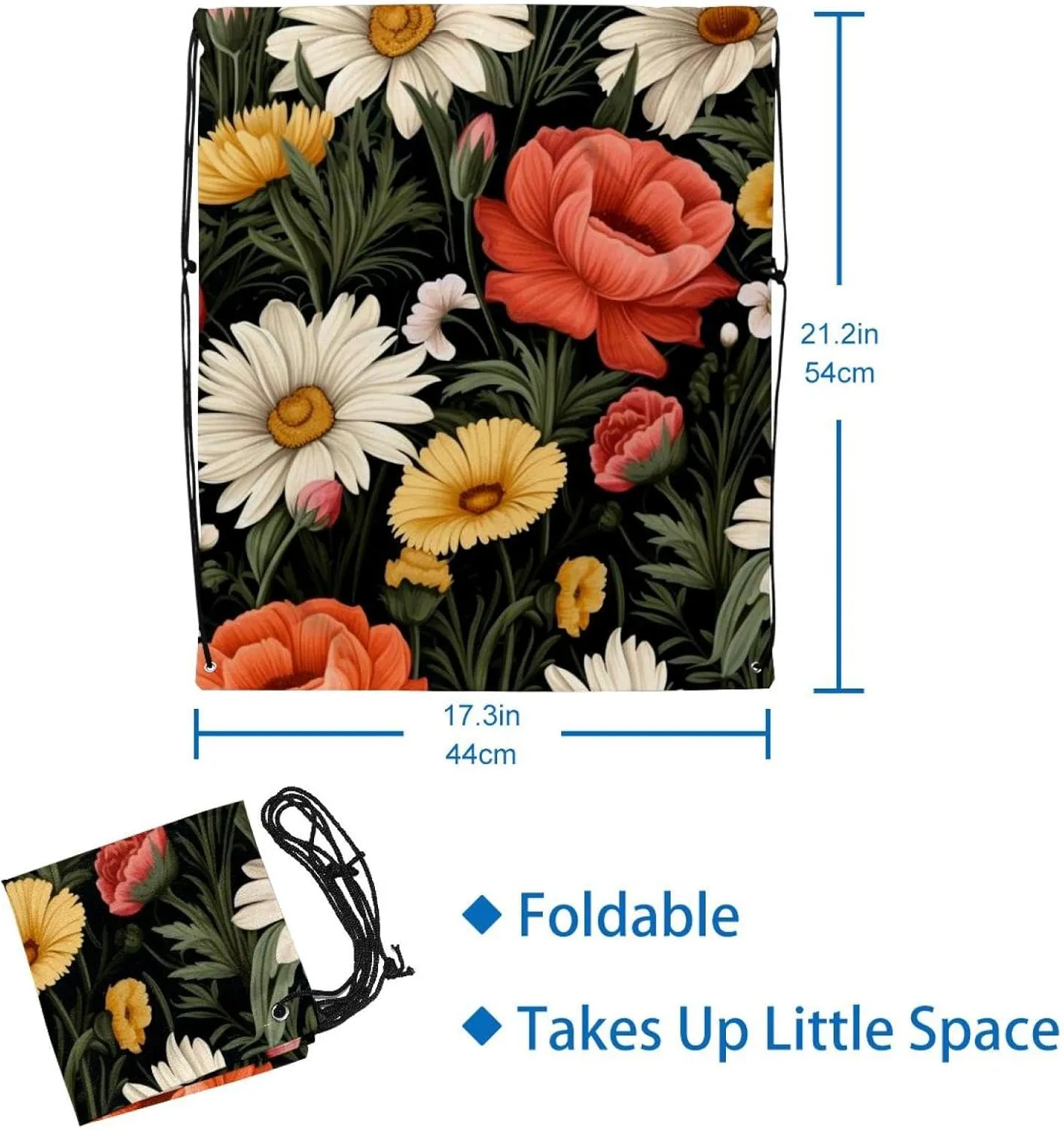 2 Pcs Floral Flower Drawstring Backpack String Bag Sports Sack pack Gym Sack Side Pocket for Men Women