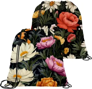 2 Pcs Floral Flower Drawstring Backpack String Bag Sports Sack pack Gym Sack Side Pocket for Men Women