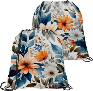 2 Pcs Flowers and Green Leaves Drawstring Backpack Sports Gym Sack pack String Bag for Women Men