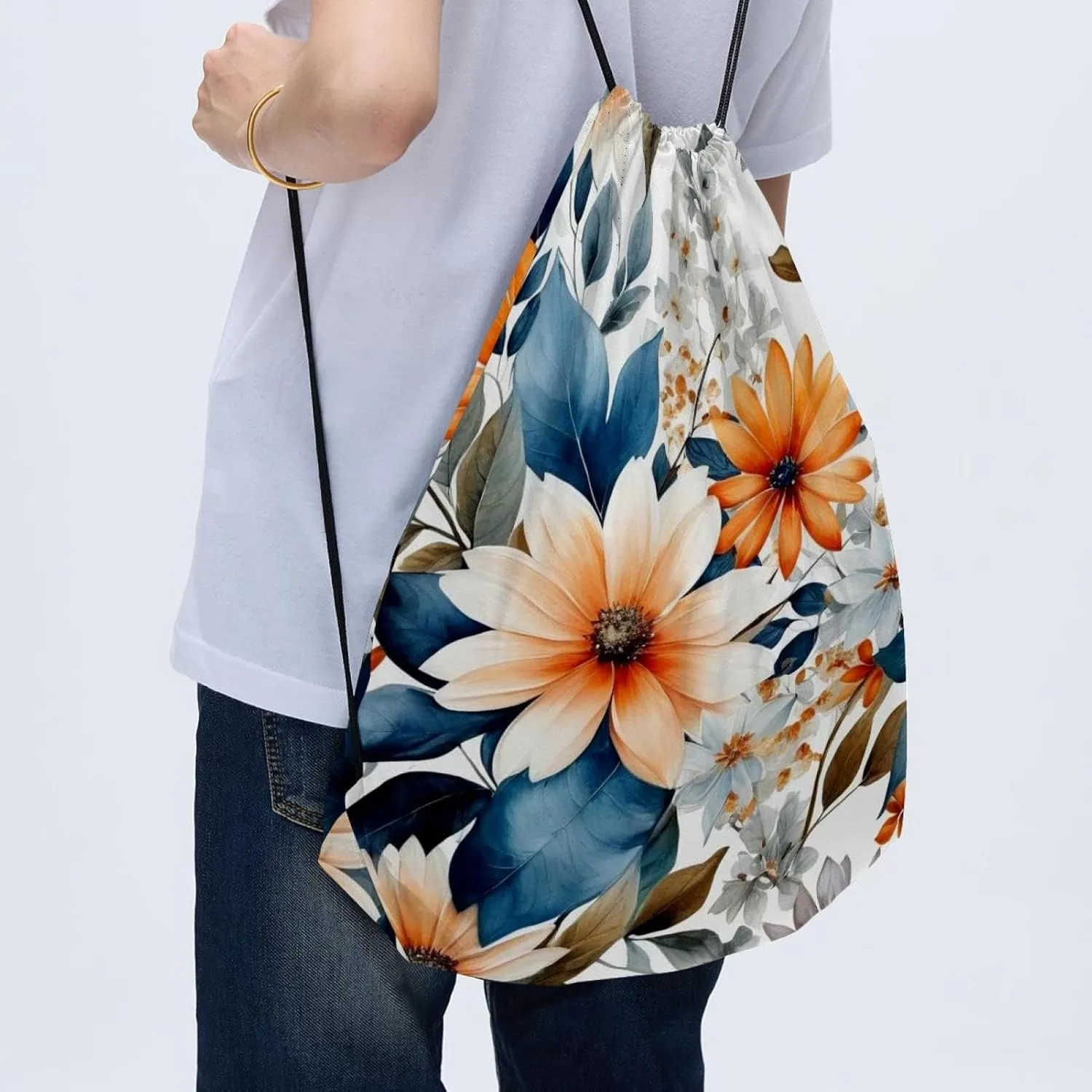 2 Pcs Flowers and Green Leaves Drawstring Backpack Sports Gym Sack pack String Bag for Women Men