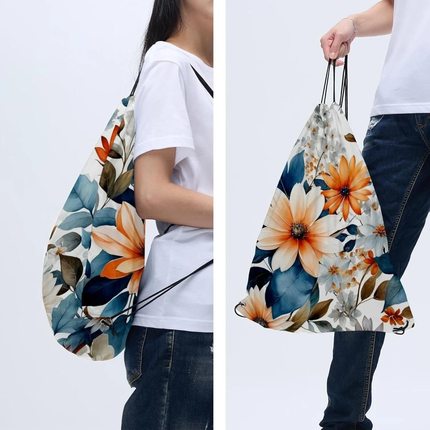 2 Pcs Flowers and Green Leaves Drawstring Backpack Sports Gym Sack pack String Bag for Women Men