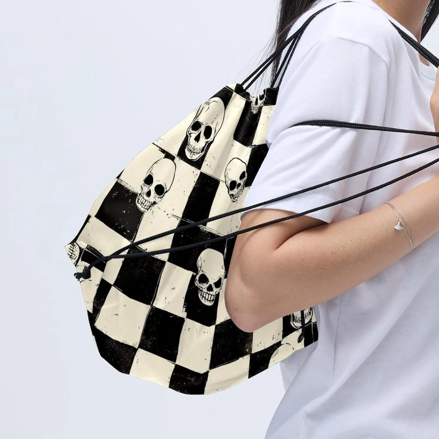 2 Pcs Halloween Skeleton Skull 2 Drawstring Backpack Sports Gym Sack pack String Bag for Women Men