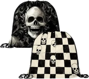 2 Pcs Halloween Skeleton Skull 2 Drawstring Backpack Sports Gym Sack pack String Bag for Women Men