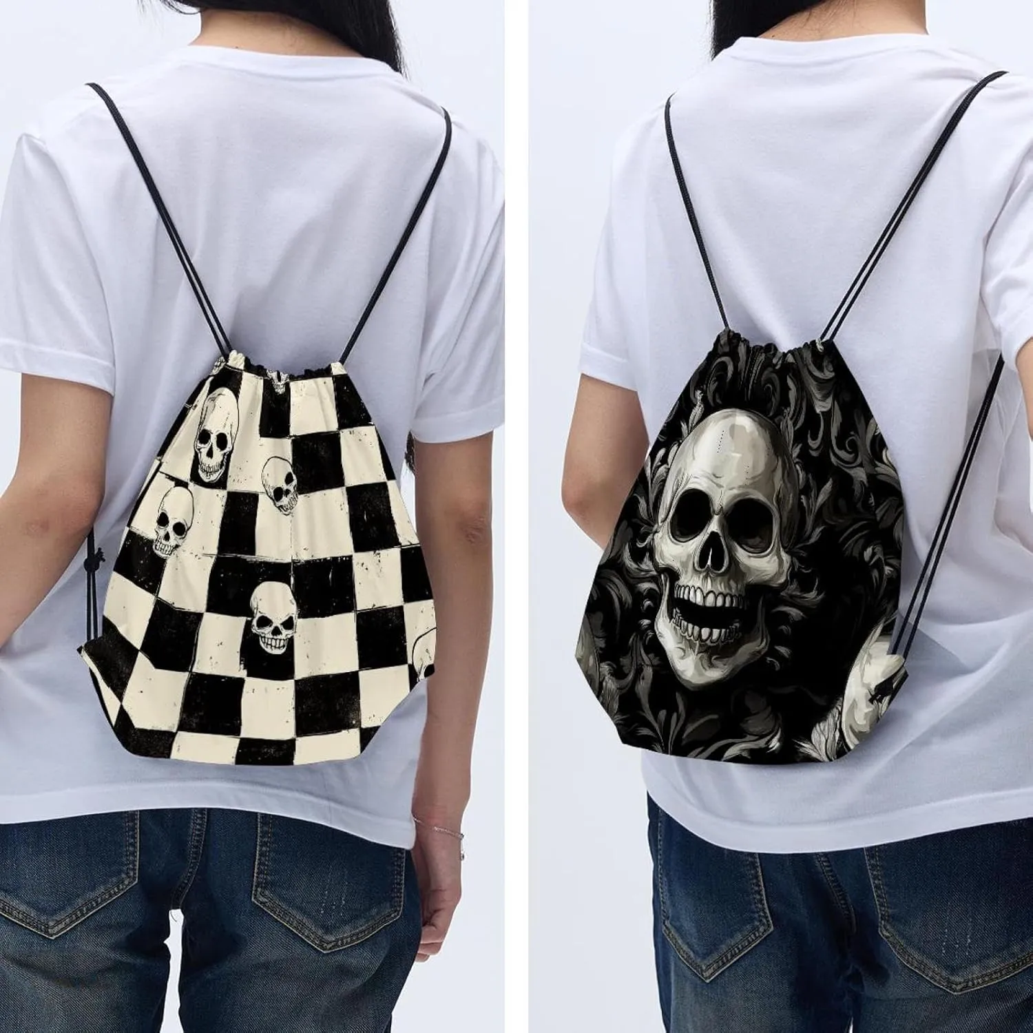 2 Pcs Halloween Skeleton Skull 2 Drawstring Backpack Sports Gym Sack pack String Bag for Women Men