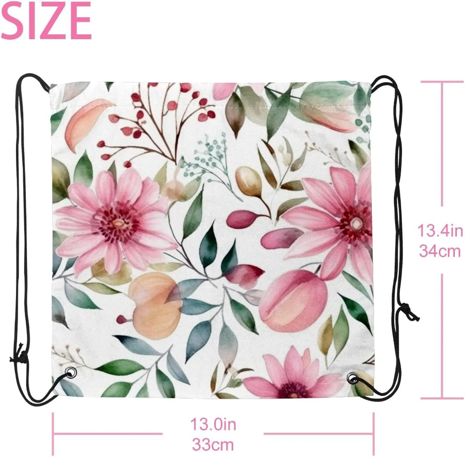 2 Pcs Pink Flowers with Leaves Drawstring Backpack Drawstring Gym Bag Draw String Bag for Sports, Gym, Travel, Swimming, Beach