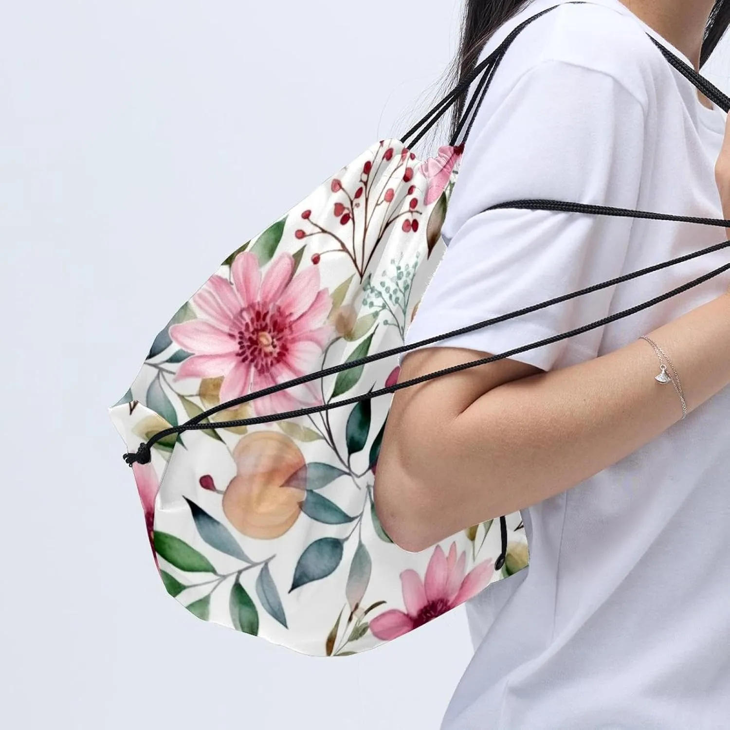 2 Pcs Pink Flowers with Leaves Drawstring Backpack Drawstring Gym Bag Draw String Bag for Sports, Gym, Travel, Swimming, Beach