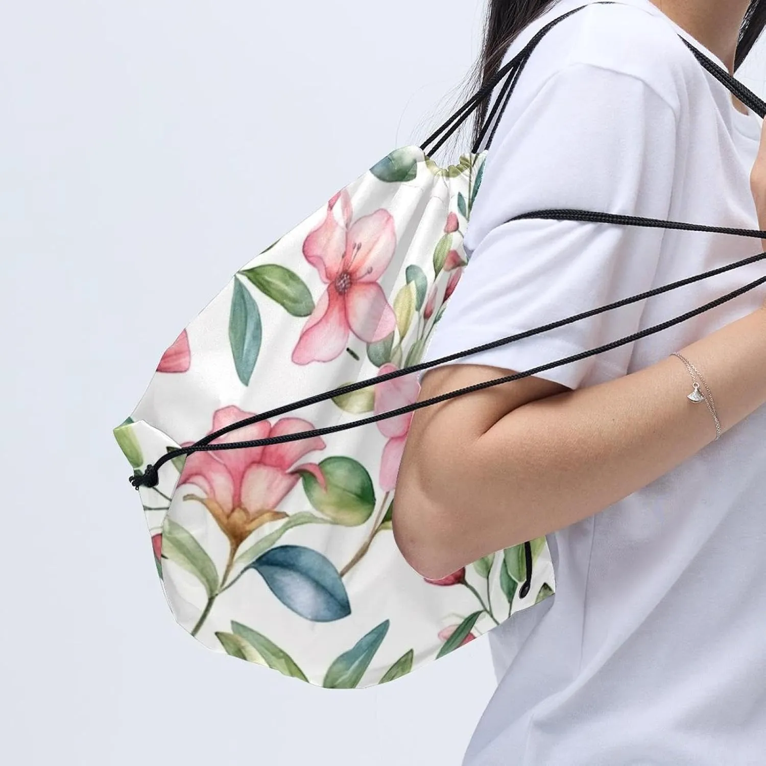 2 Pcs Pink Flowers with Leaves Drawstring Backpack Drawstring Gym Bag Draw String Bag for Sports, Gym, Travel, Swimming, Beach