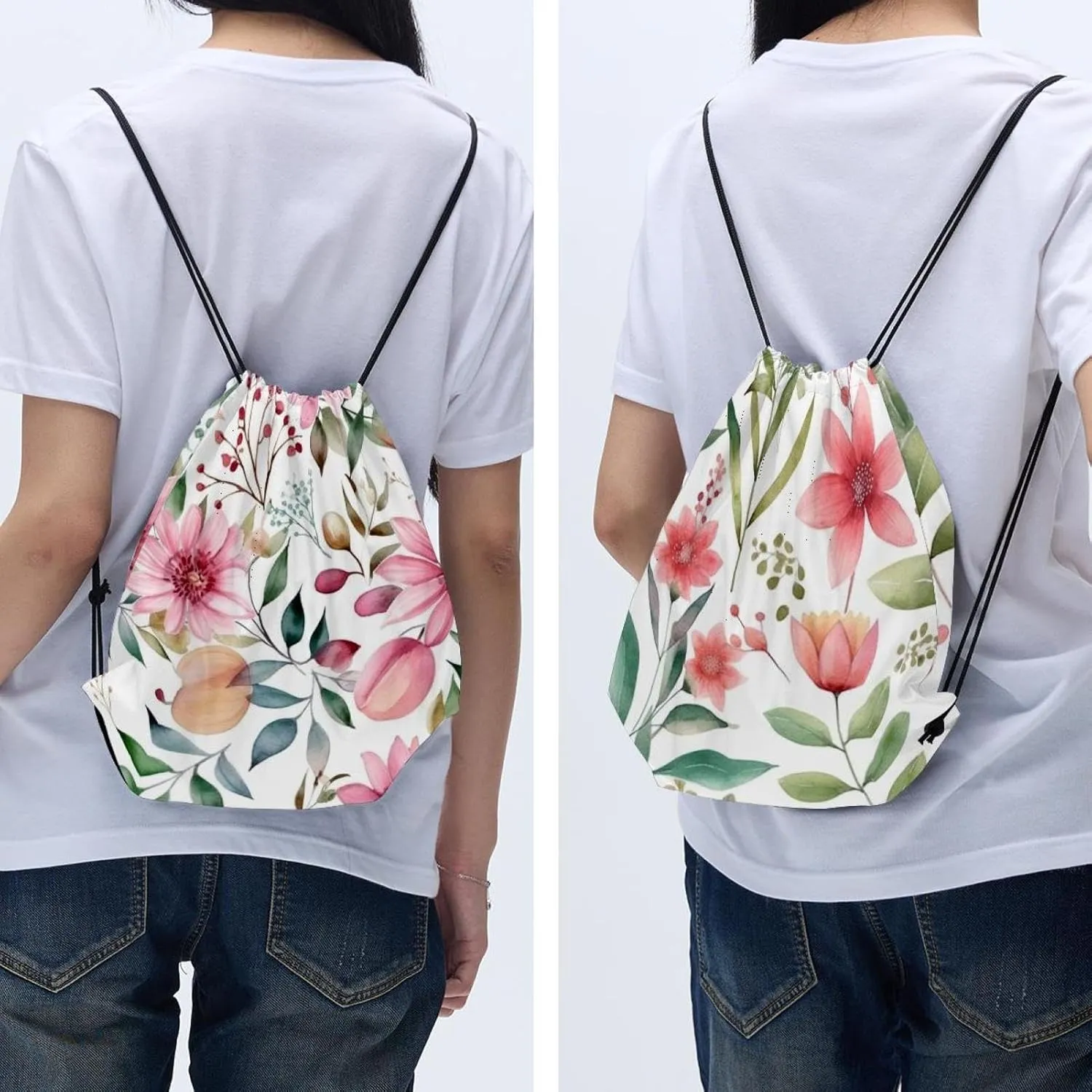 2 Pcs Pink Flowers with Leaves Drawstring Backpack Drawstring Gym Bag Draw String Bag for Sports, Gym, Travel, Swimming, Beach