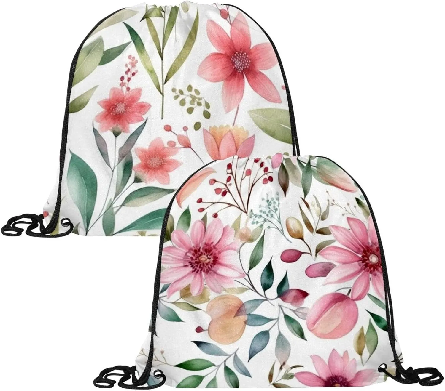 2 Pcs Pink Flowers with Leaves Drawstring Backpack Drawstring Gym Bag Draw String Bag for Sports, Gym, Travel, Swimming, Beach