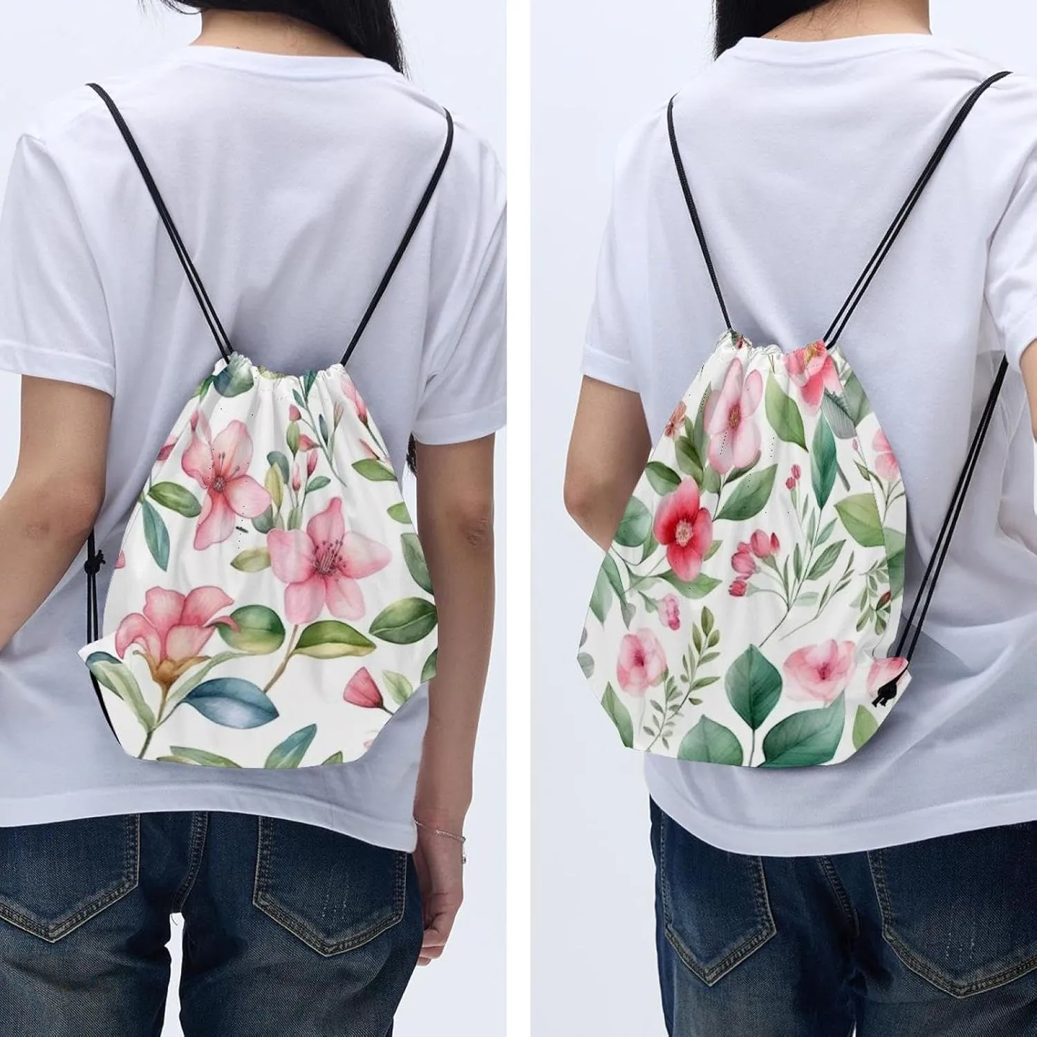2 Pcs Pink Flowers with Leaves Drawstring Backpack Drawstring Gym Bag Draw String Bag for Sports, Gym, Travel, Swimming, Beach