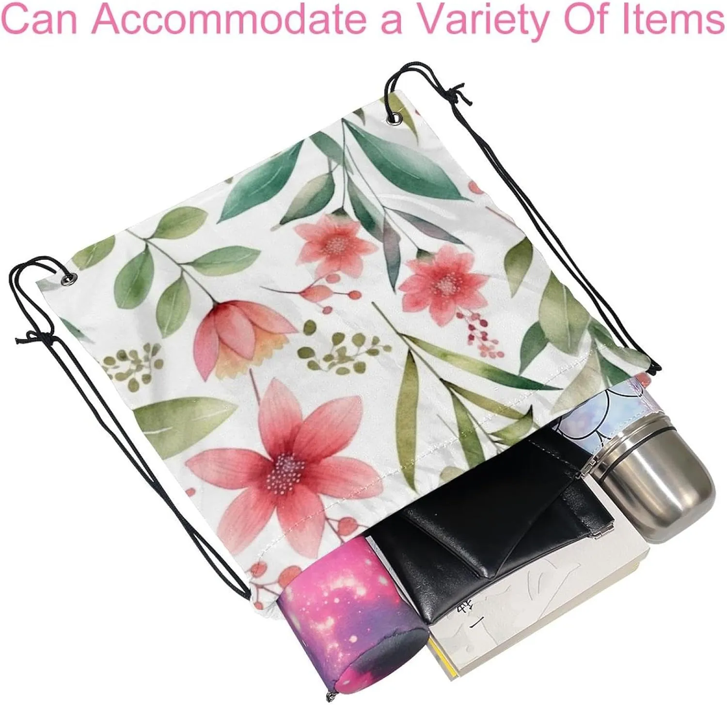 2 Pcs Pink Flowers with Leaves Drawstring Backpack Drawstring Gym Bag Draw String Bag for Sports, Gym, Travel, Swimming, Beach