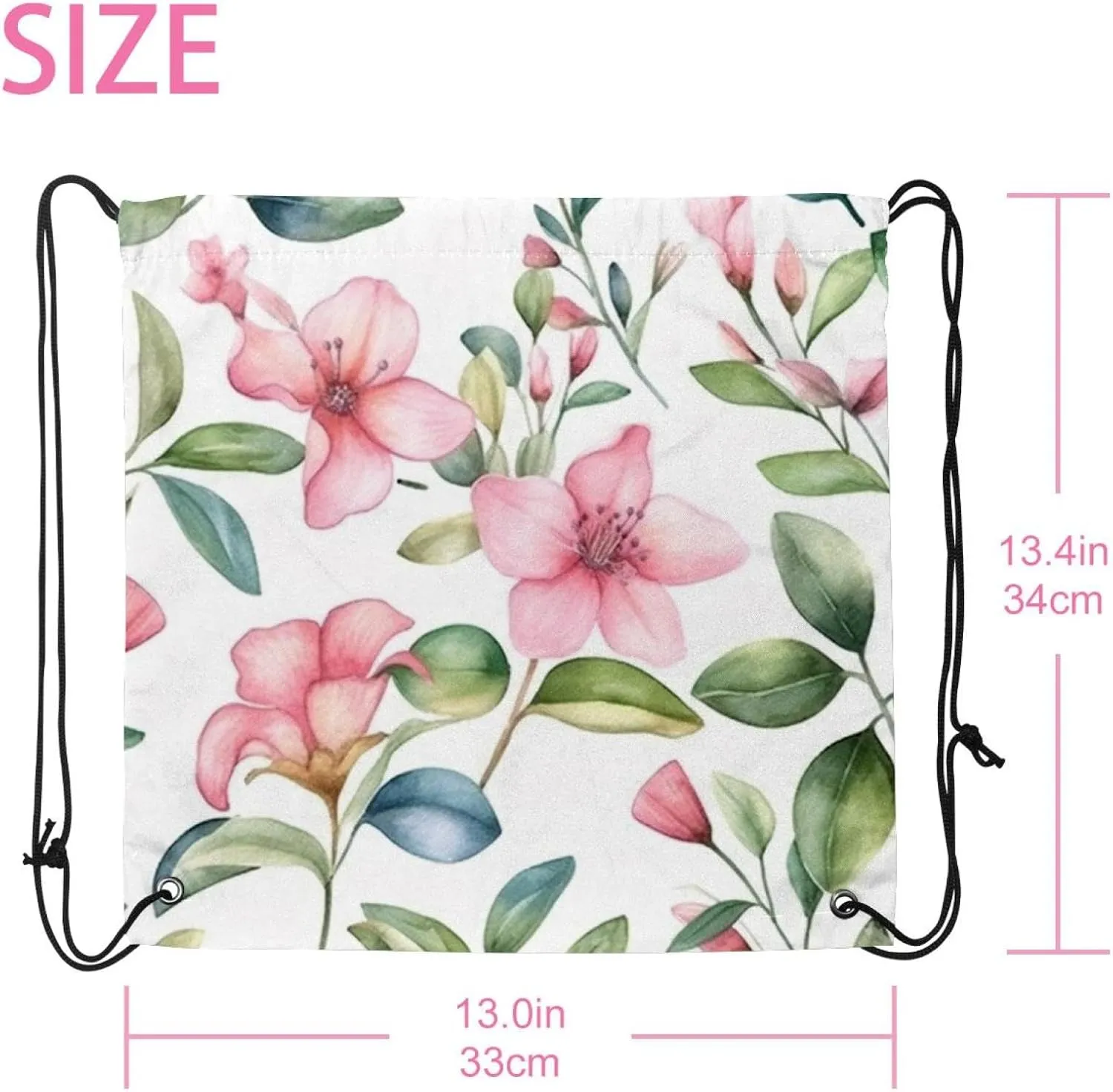 2 Pcs Pink Flowers with Leaves Drawstring Backpack Drawstring Gym Bag Draw String Bag for Sports, Gym, Travel, Swimming, Beach