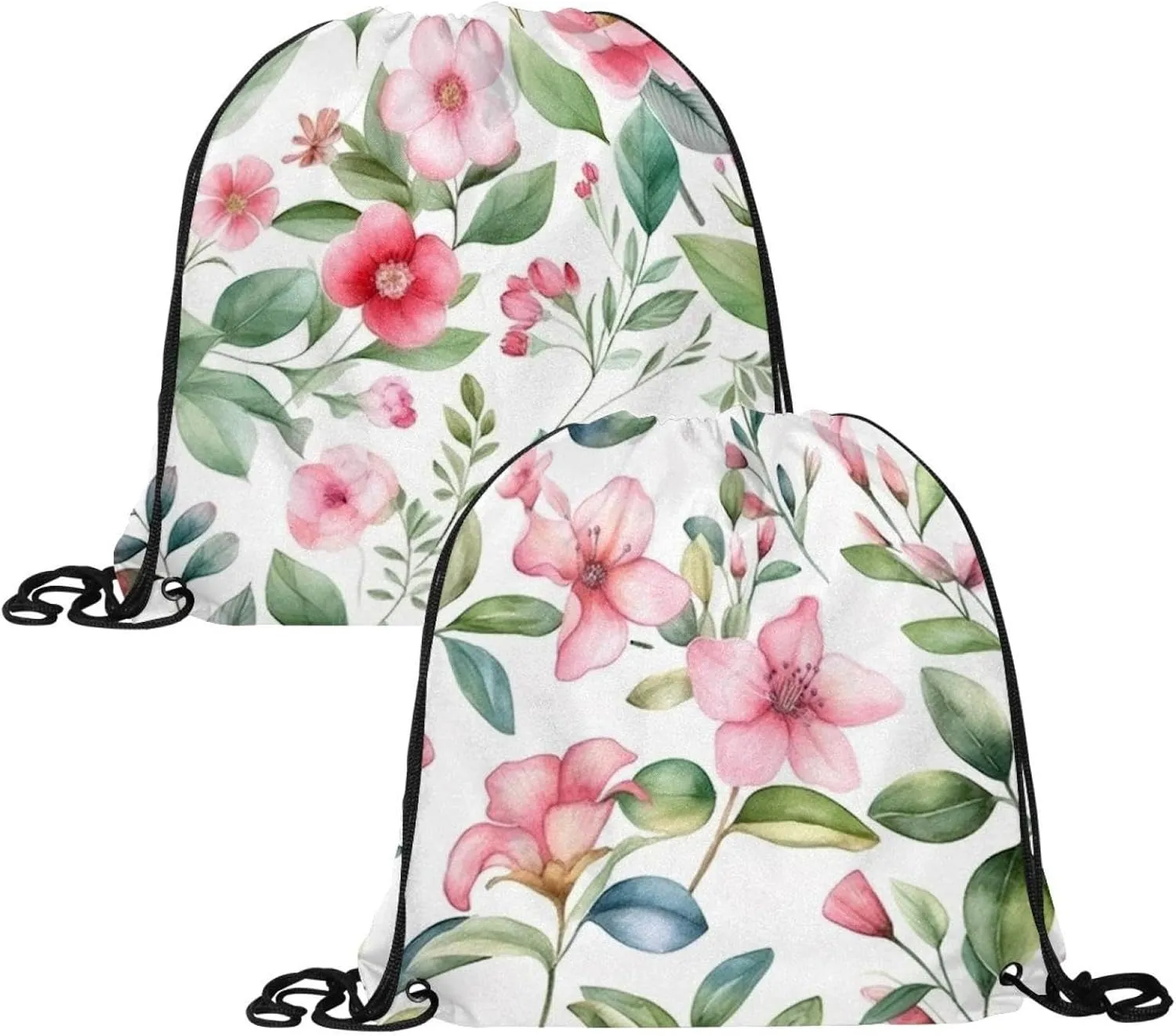 2 Pcs Pink Flowers with Leaves Drawstring Backpack Drawstring Gym Bag Draw String Bag for Sports, Gym, Travel, Swimming, Beach