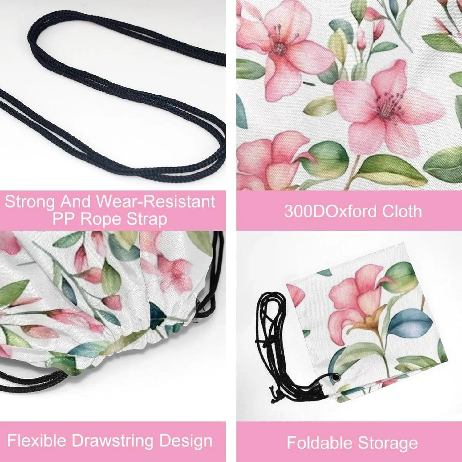 2 Pcs Pink Flowers with Leaves Drawstring Backpack Drawstring Gym Bag Draw String Bag for Sports, Gym, Travel, Swimming, Beach