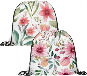 2 Pcs Pink Flowers with Leaves Drawstring Backpack Drawstring Gym Bag Draw String Bag for Sports, Gym, Travel, Swimming, Beach