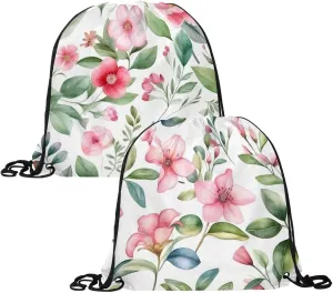 2 Pcs Pink Flowers with Leaves Drawstring Backpack Drawstring Gym Bag Draw String Bag for Sports, Gym, Travel, Swimming, Beach