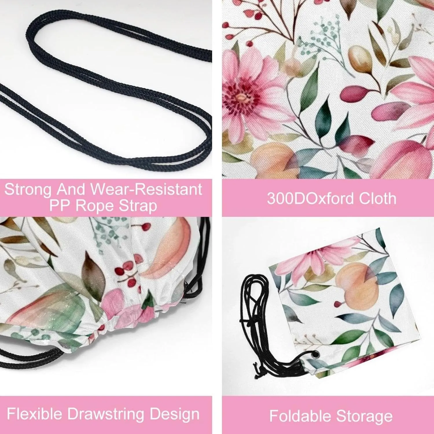 2 Pcs Pink Flowers with Leaves Drawstring Backpack Drawstring Gym Bag Draw String Bag for Sports, Gym, Travel, Swimming, Beach