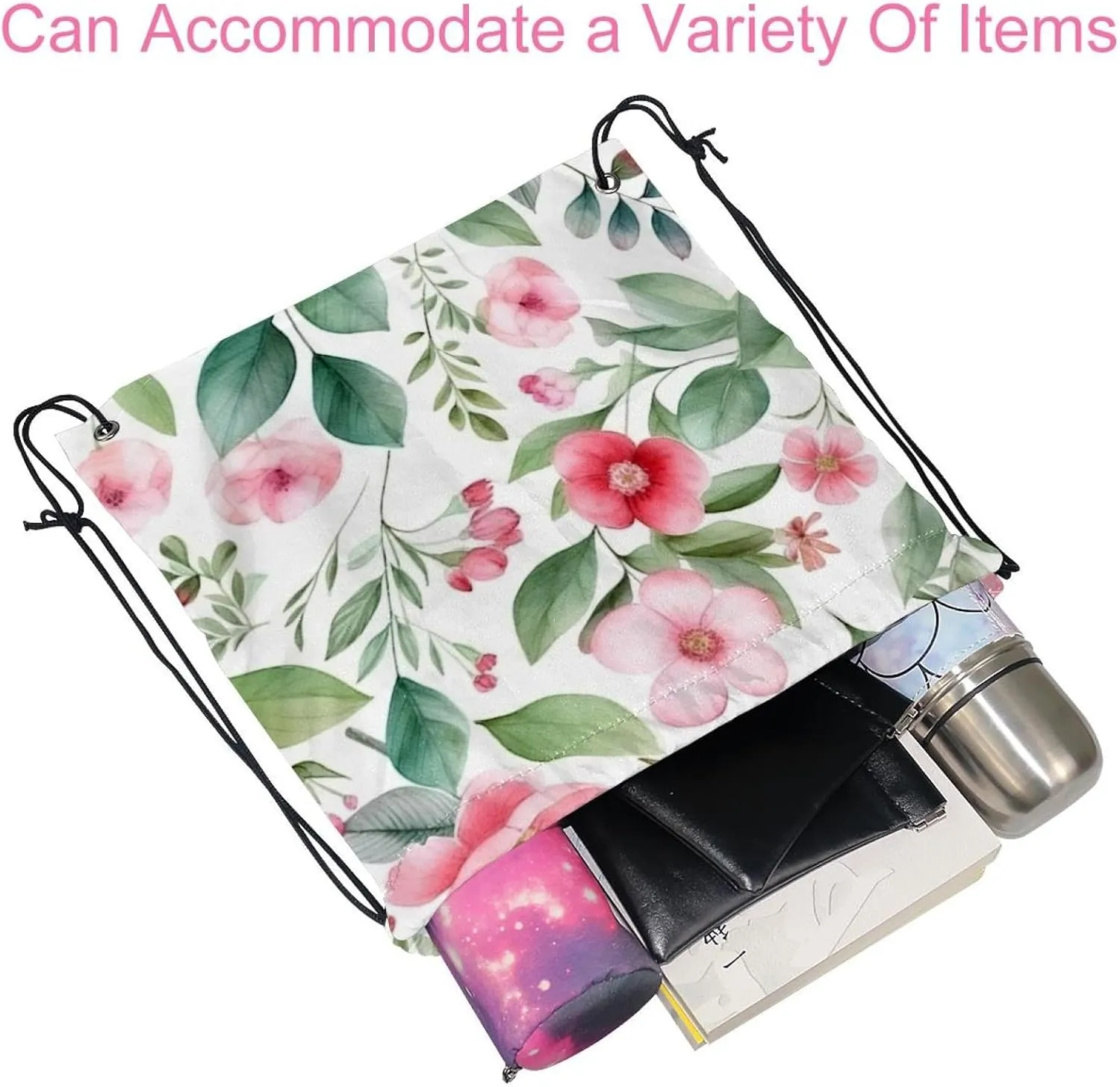 2 Pcs Pink Flowers with Leaves Drawstring Backpack Drawstring Gym Bag Draw String Bag for Sports, Gym, Travel, Swimming, Beach