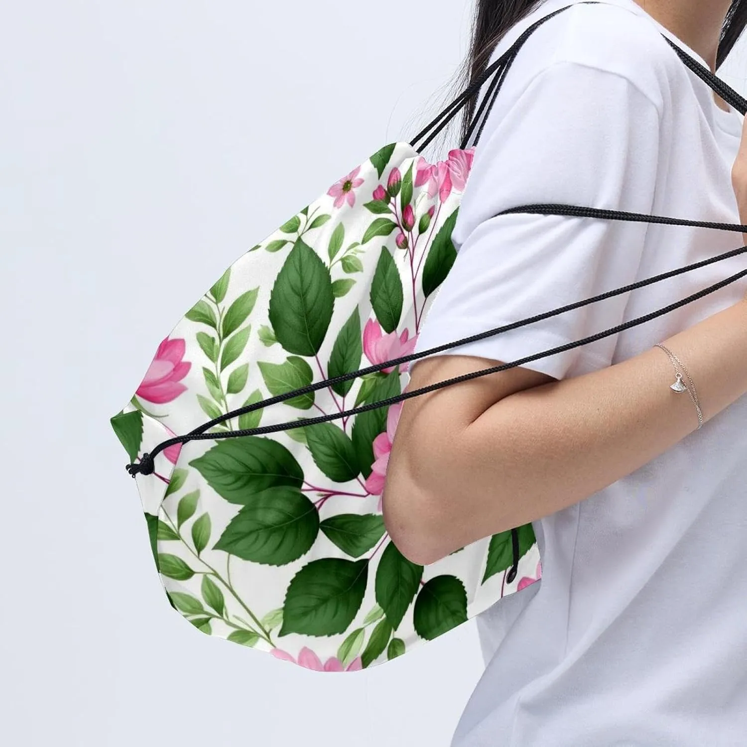 2 Pcs Pink Flowers with Leaves Drawstring Backpack String Bag Sports Sack pack Gym Sack Side Pocket for Men Women