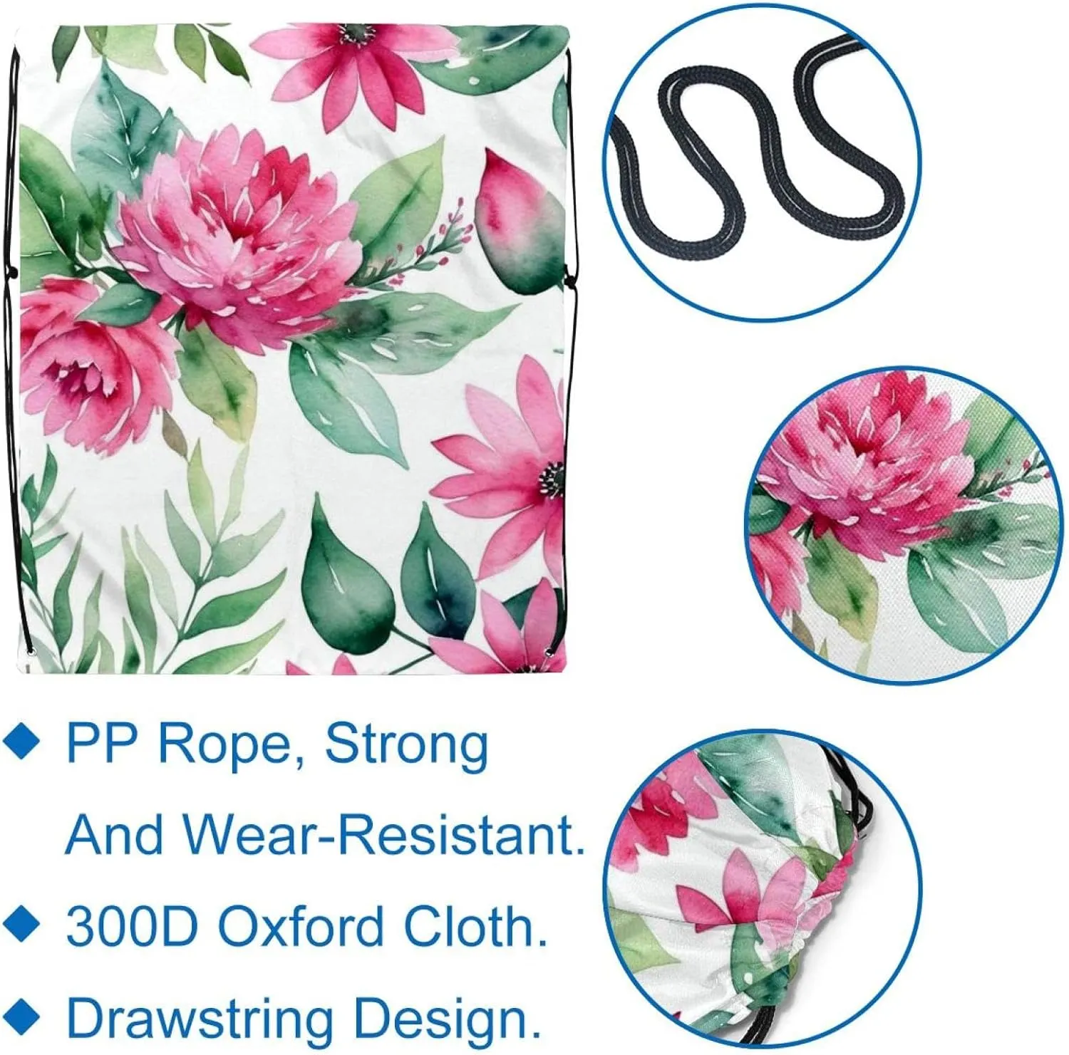2 Pcs Pink Flowers with Leaves Drawstring Backpack String Bag Sports Sack pack Gym Sack Side Pocket for Men Women