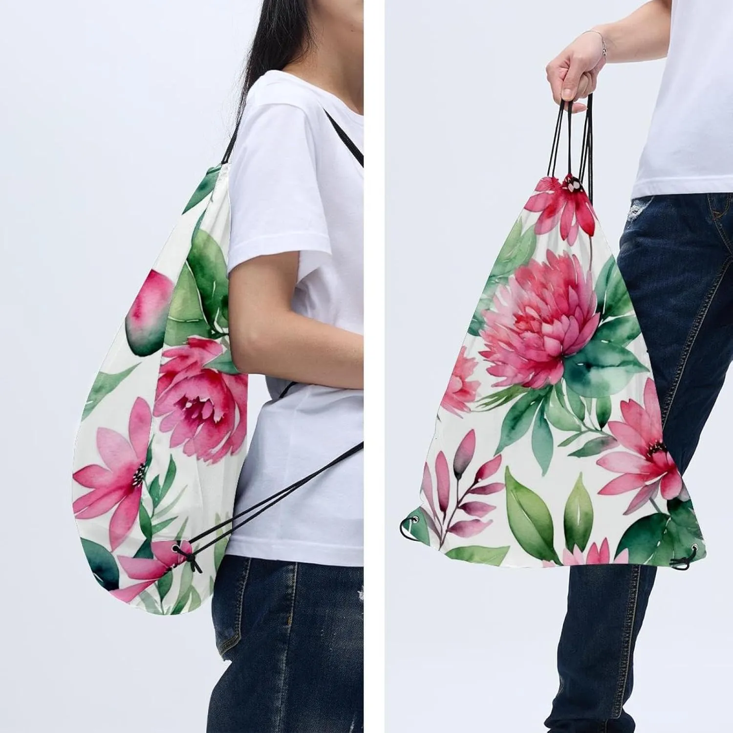 2 Pcs Pink Flowers with Leaves Drawstring Backpack String Bag Sports Sack pack Gym Sack Side Pocket for Men Women