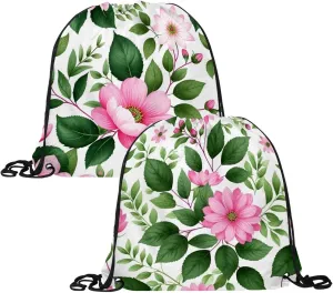 2 Pcs Pink Flowers with Leaves Drawstring Backpack String Bag Sports Sack pack Gym Sack Side Pocket for Men Women