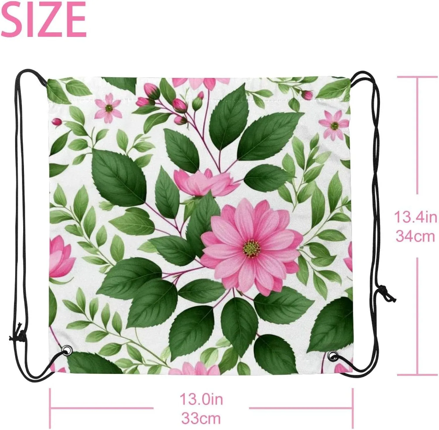 2 Pcs Pink Flowers with Leaves Drawstring Backpack String Bag Sports Sack pack Gym Sack Side Pocket for Men Women
