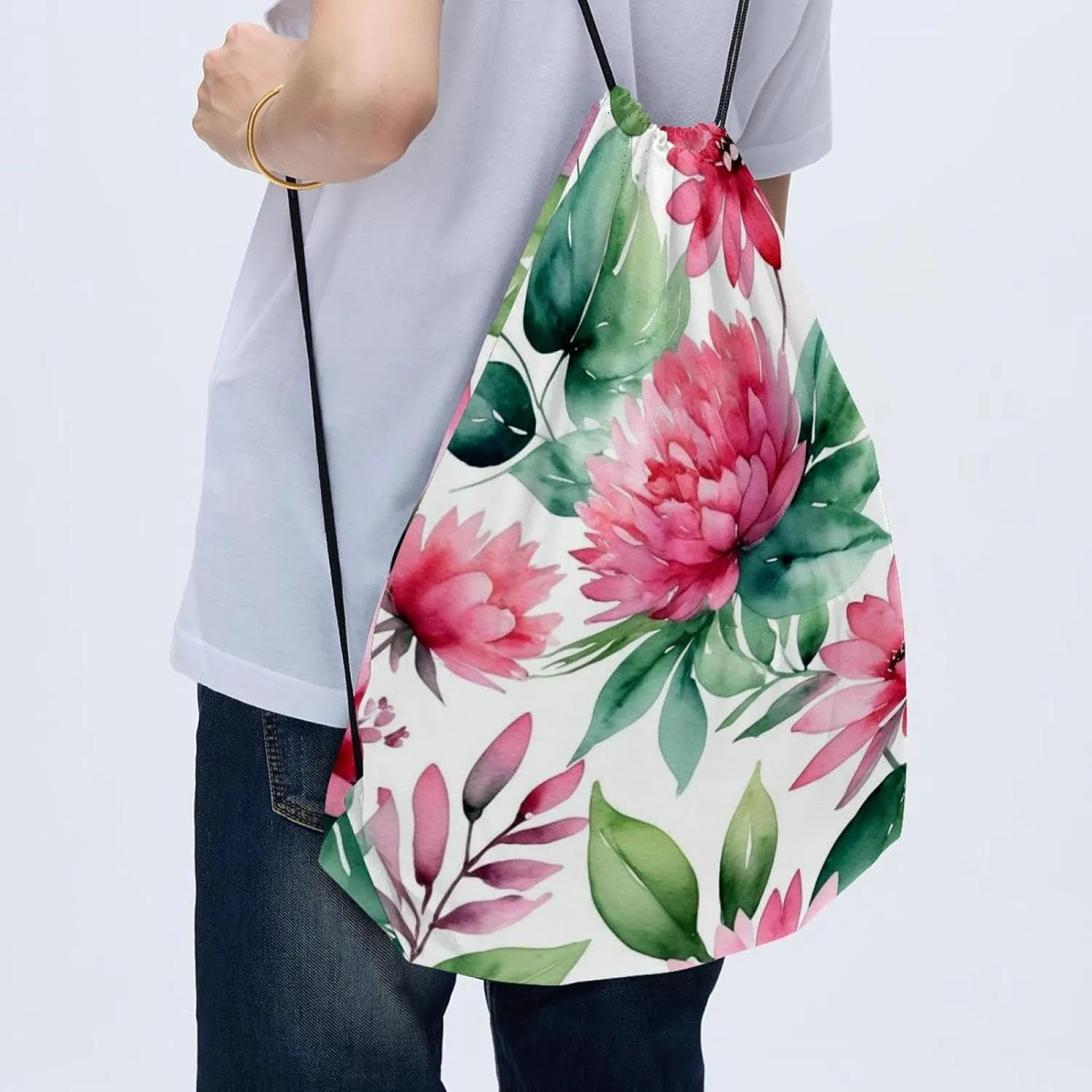 2 Pcs Pink Flowers with Leaves Drawstring Backpack String Bag Sports Sack pack Gym Sack Side Pocket for Men Women