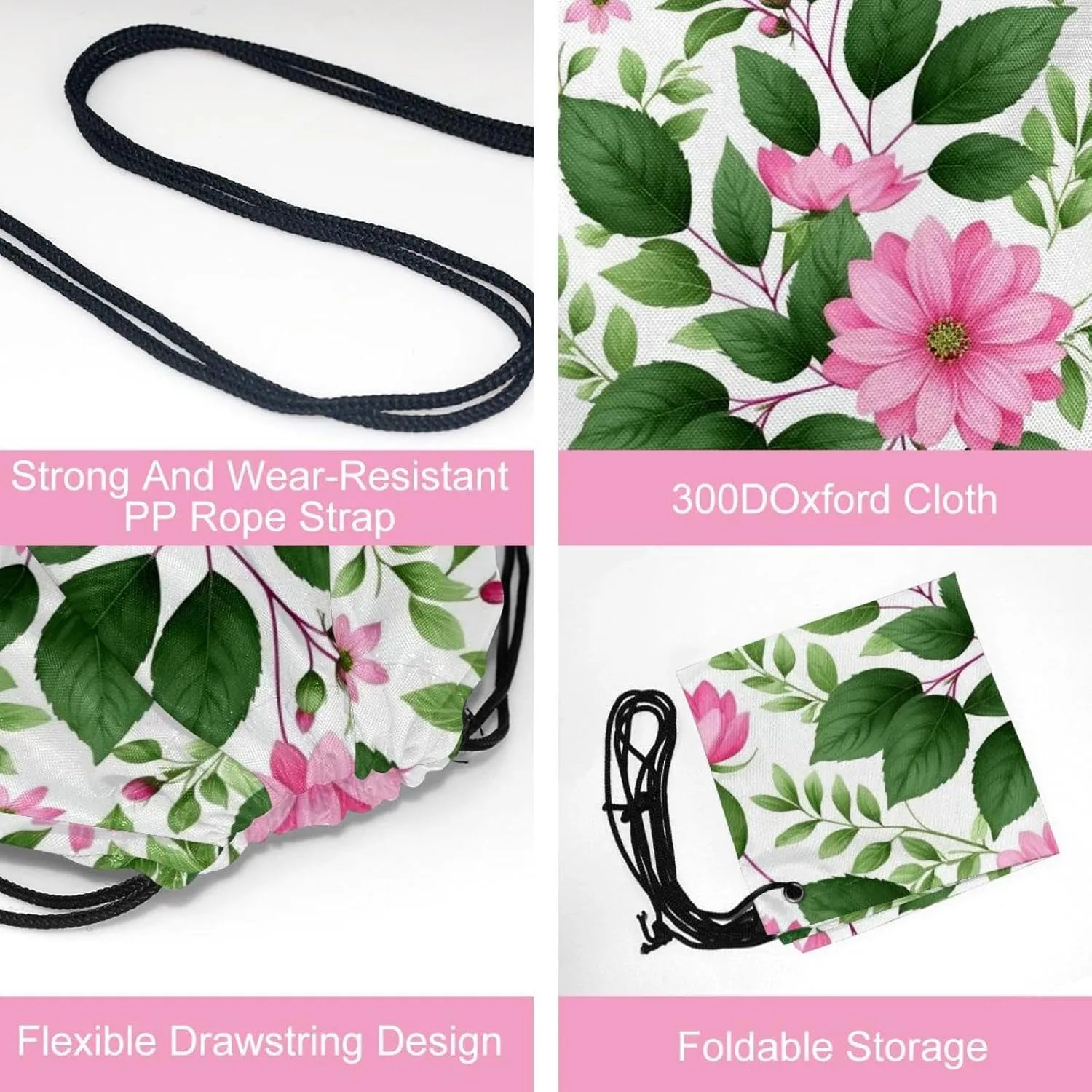 2 Pcs Pink Flowers with Leaves Drawstring Backpack String Bag Sports Sack pack Gym Sack Side Pocket for Men Women