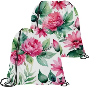 2 Pcs Pink Flowers with Leaves Drawstring Backpack String Bag Sports Sack pack Gym Sack Side Pocket for Men Women