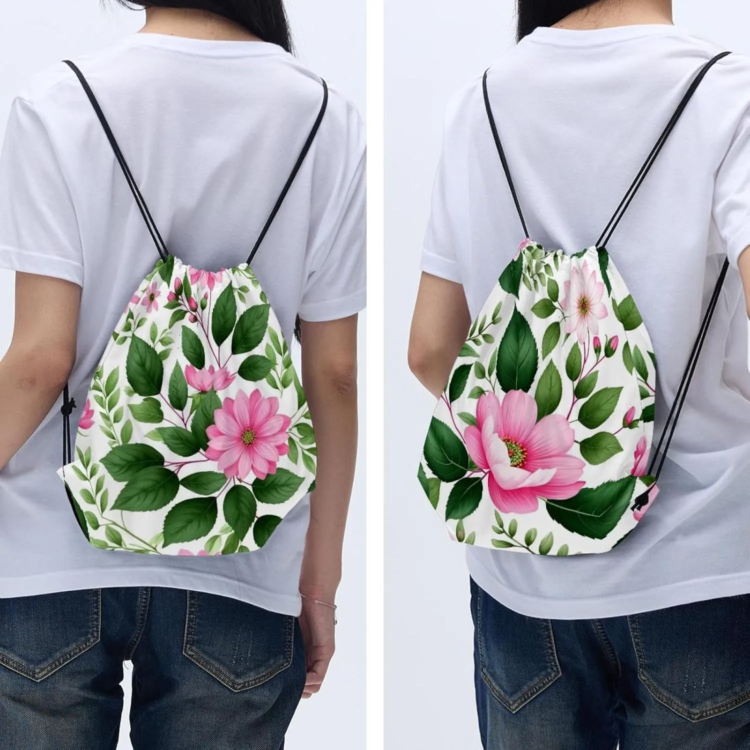 2 Pcs Pink Flowers with Leaves Drawstring Backpack String Bag Sports Sack pack Gym Sack Side Pocket for Men Women