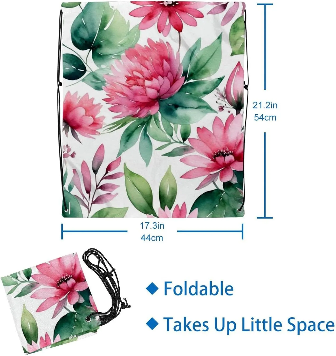 2 Pcs Pink Flowers with Leaves Drawstring Backpack String Bag Sports Sack pack Gym Sack Side Pocket for Men Women