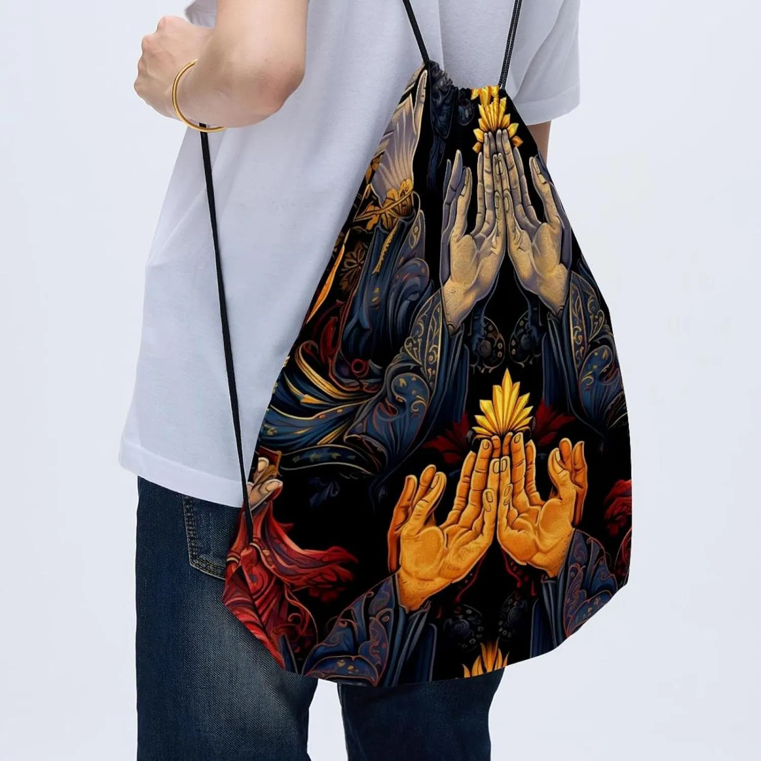 2 Pcs Praying hands Drawstring Backpack Bag Sport Gym Sack pack