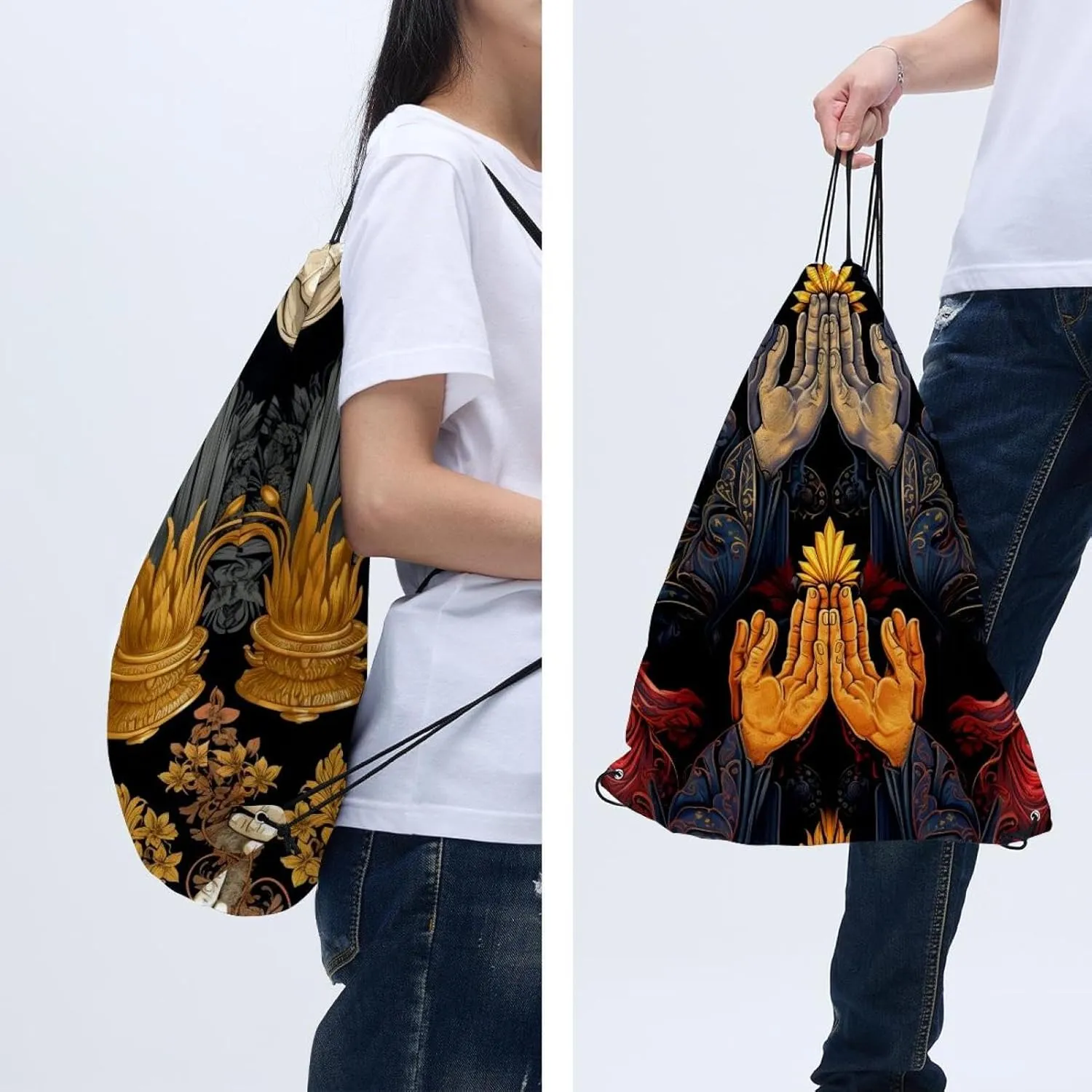 2 Pcs Praying hands Drawstring Backpack Bag Sport Gym Sack pack