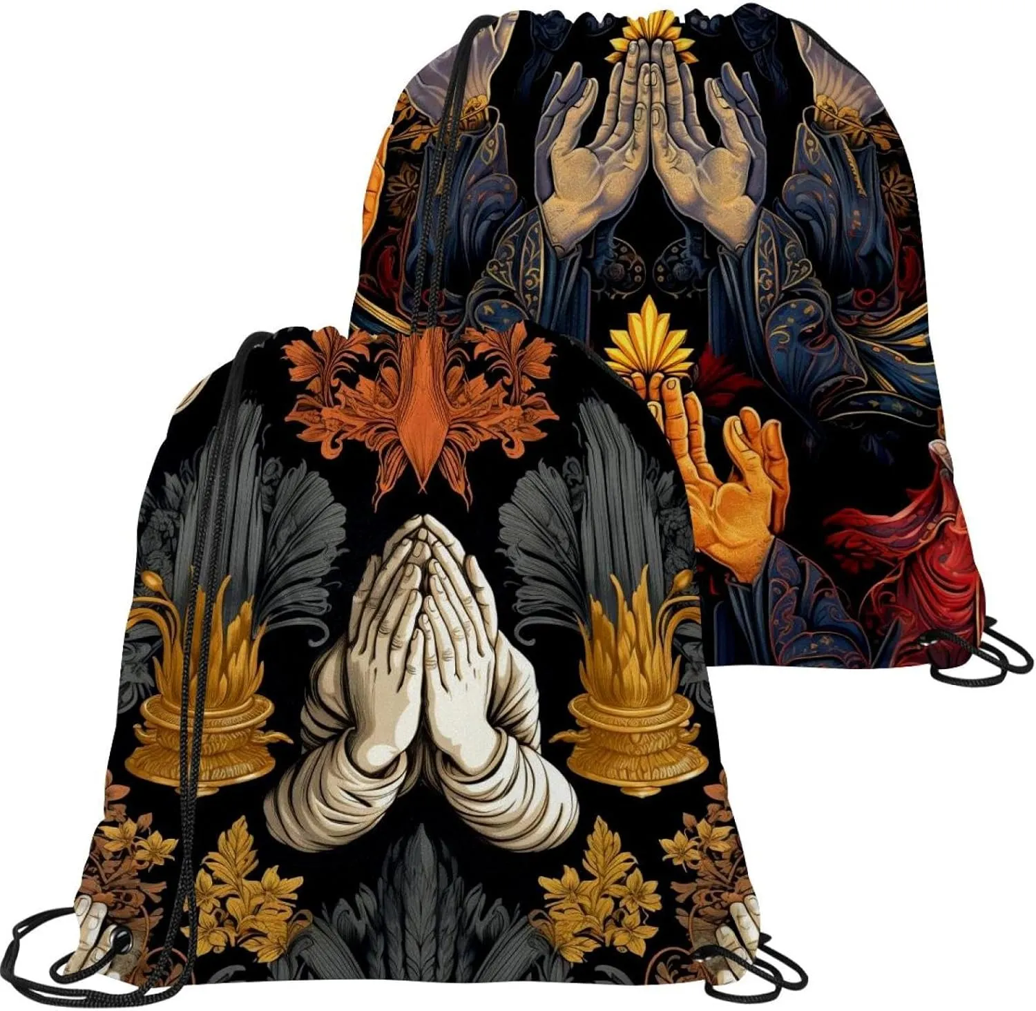 2 Pcs Praying hands Drawstring Backpack Bag Sport Gym Sack pack