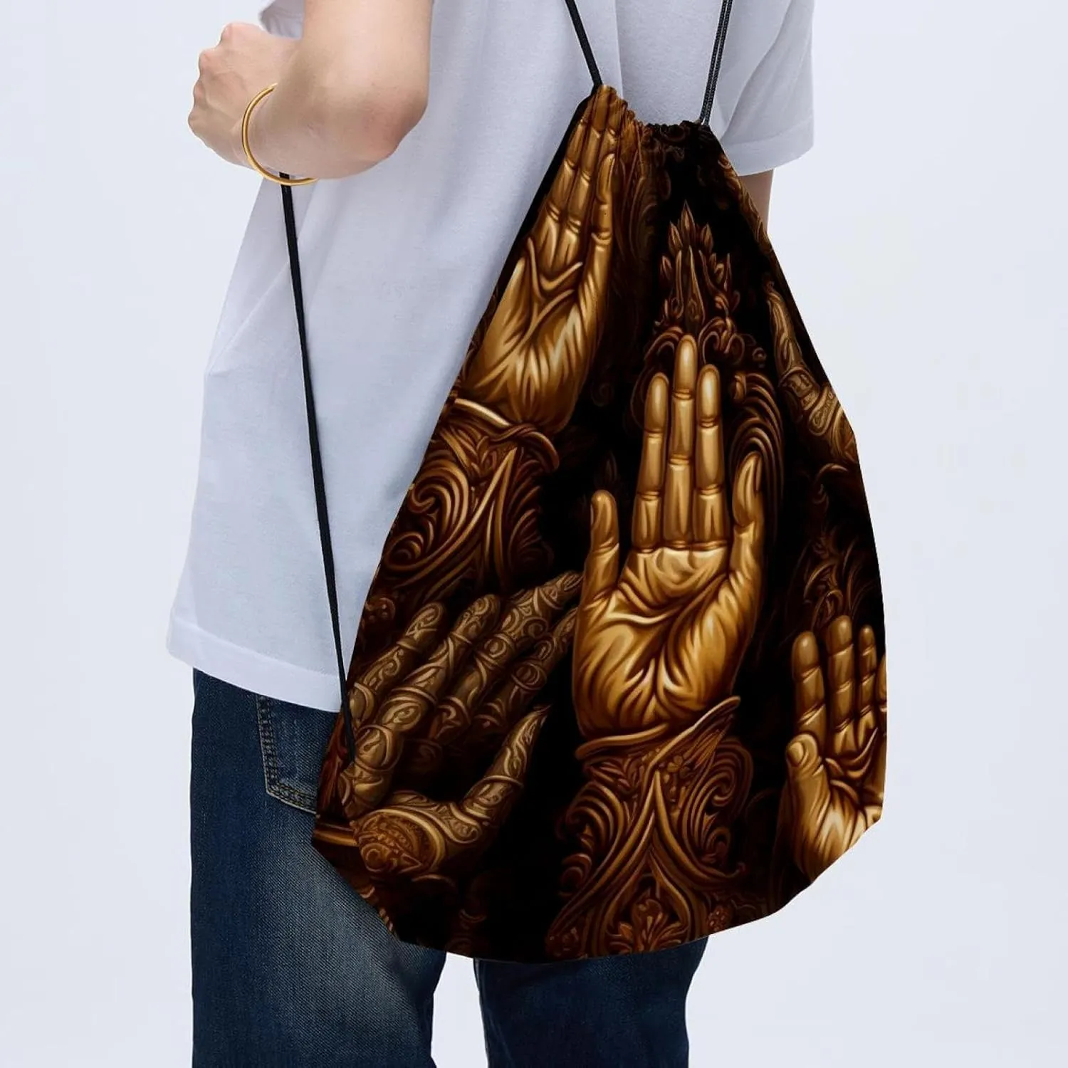 2 Pcs Praying hands Drawstring Backpack Sports Gym Sack pack String Bag for Women Men